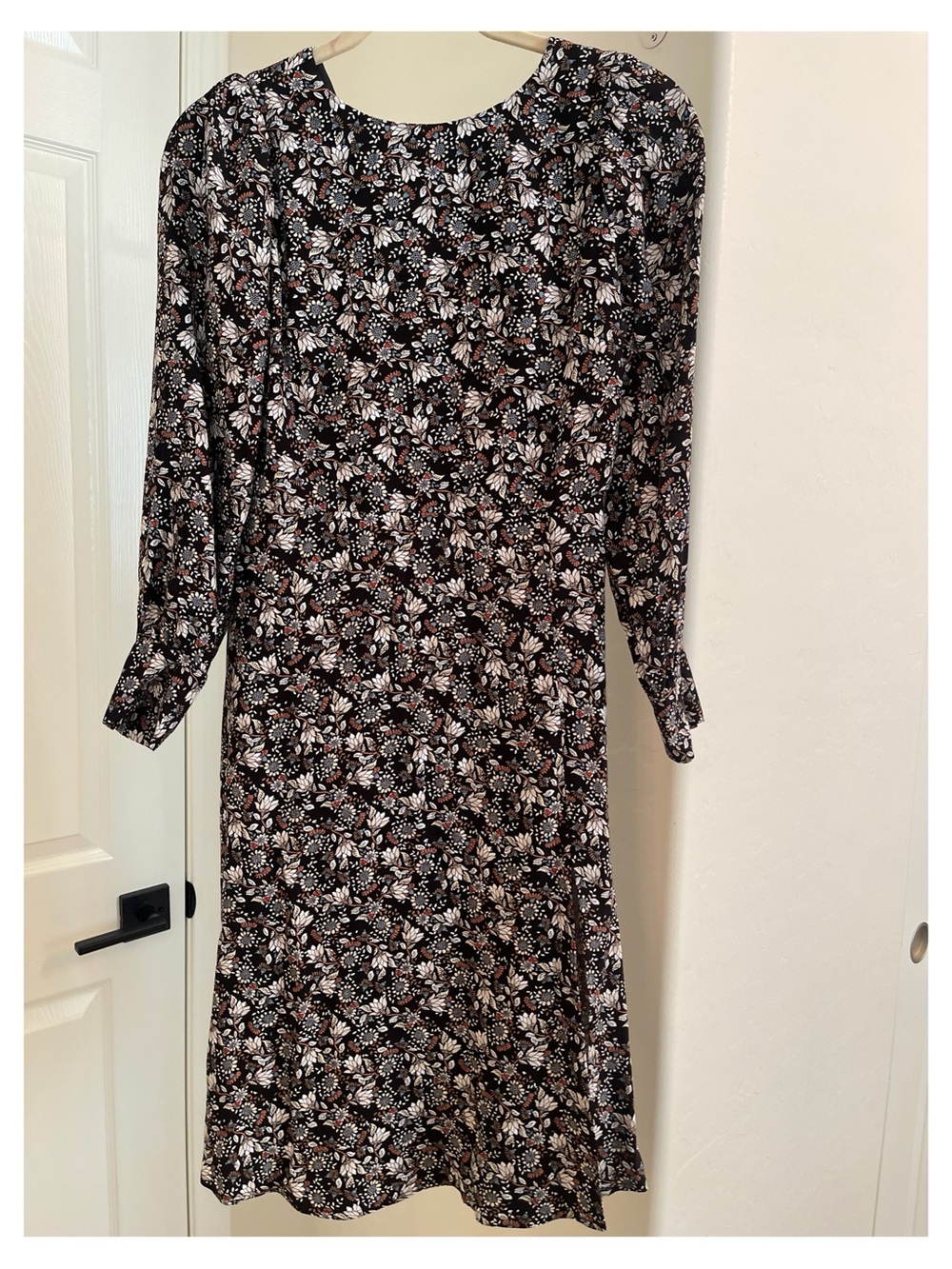 LOFT Black Floral Long-Sleeve Midi Dress with White and Brown Accents